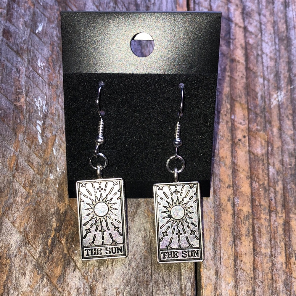 NWT Handmade with Love Petite Tarot Card Earrings in Sun Card Silver